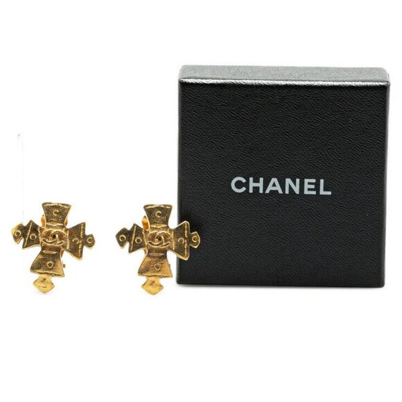 CHANEL CC Logos Cross Clip-On Earrings Gold Tone 94P Auth w/Box #12234 - Picture 4 of 4